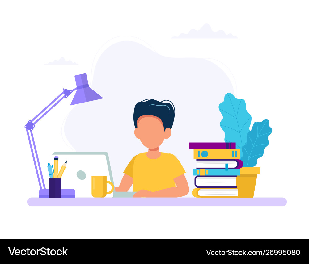 Boy studying with computer and books back Vector Image