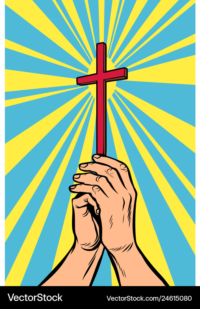 Christian cross in the light hands vector image