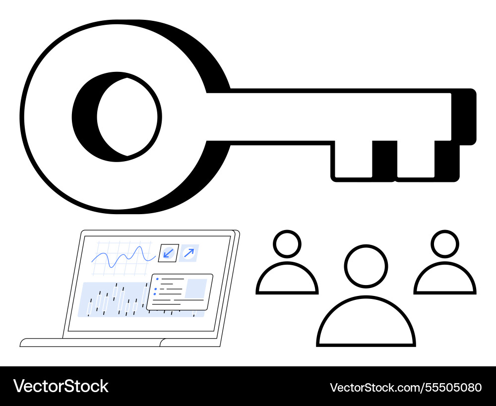 Key with data analytics on laptop screen and user Vector Image