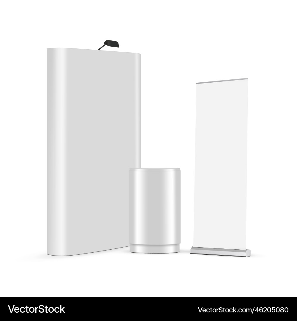 Pop up display stand with roll-up banner and table Pop up display stand with roll-up banner and table vector image