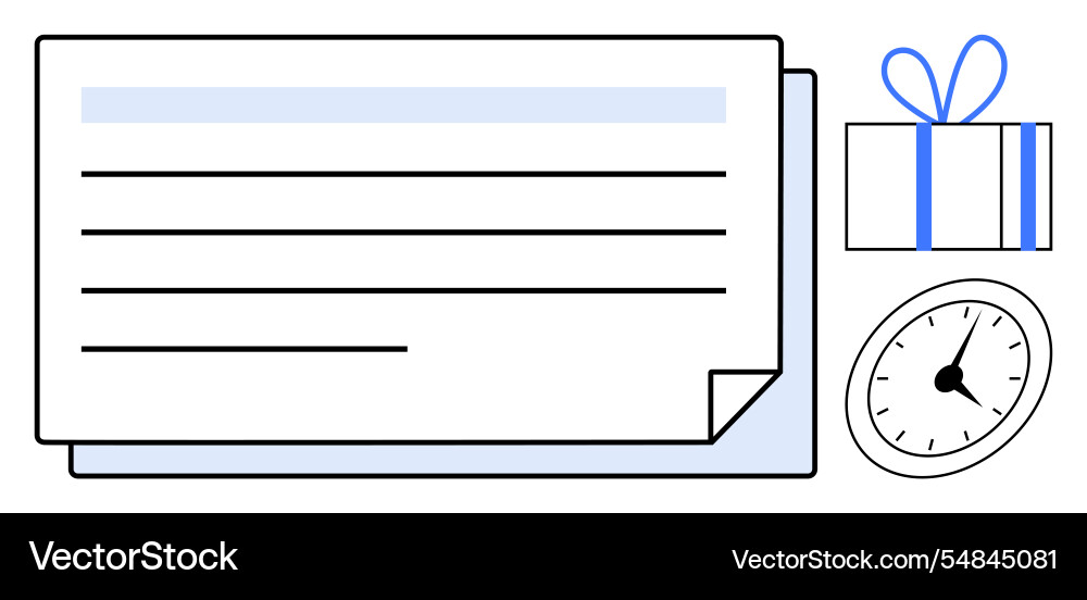 Document and gift box with clock highlighting task Document and gift box with clock highlighting task vector image