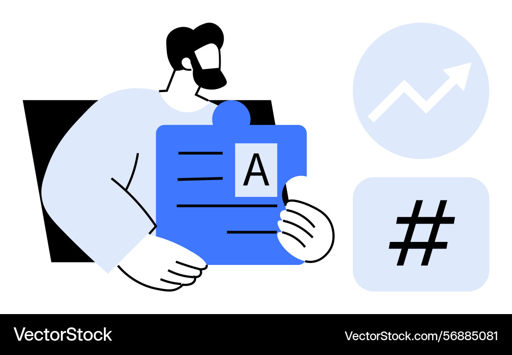 Man holding document with chart and metadata tag Man holding document with chart and metadata tag Vector Image