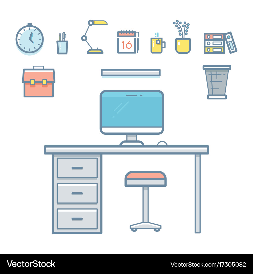 Office workspace objects in linear style vector image