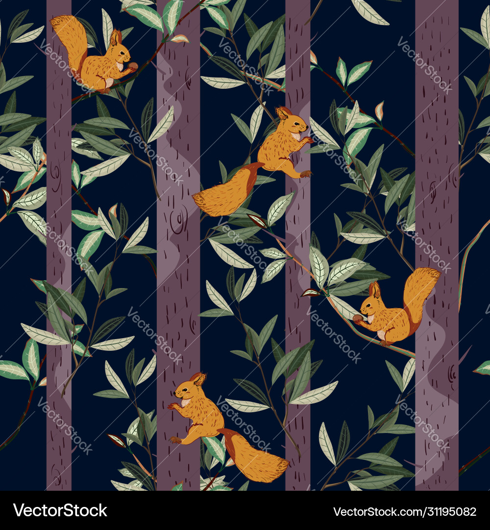 Red squirrels trunks and branches forest trees vector image