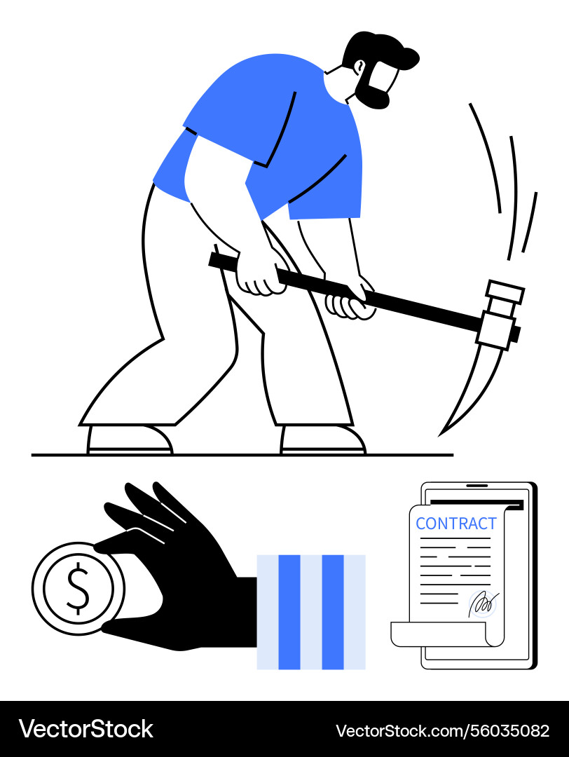 Worker mining with pickaxe dollar coin in hand Worker mining with pickaxe dollar coin in hand vector image