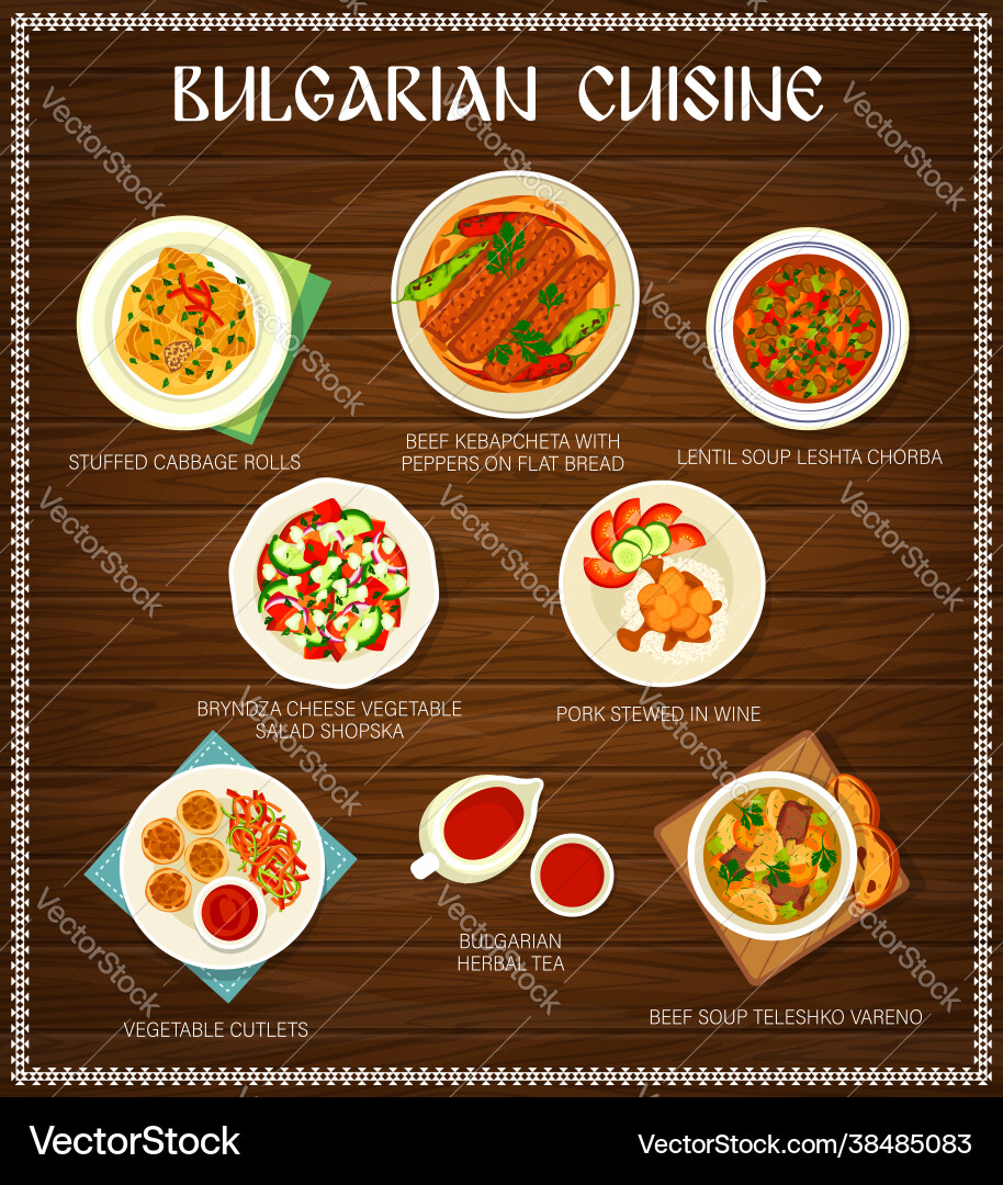 Bulgarische Küche Speisekarte Gerichte Mahlzeiten Poster Bulgarische Küche Speisekarte Gerichte Mahlzeiten Poster vektorbild