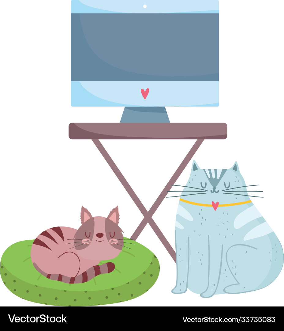 Workspace monitor computer on table and cats Vector Image