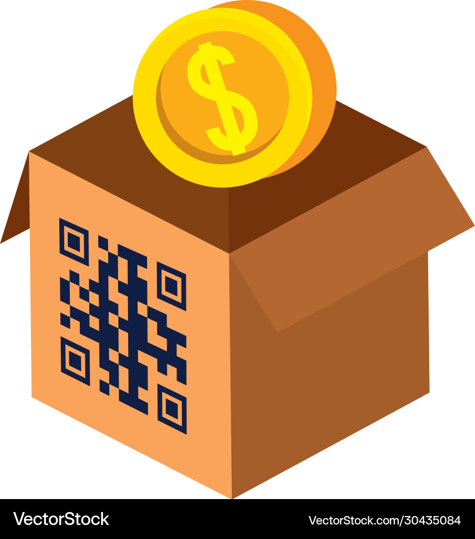 Qr code over box and coin design Vector Image