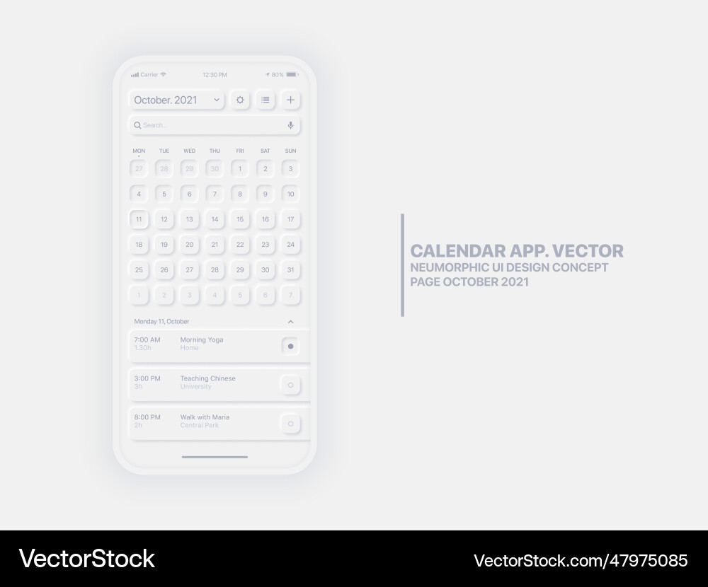 Calendar mobile app page october with task Vector Image