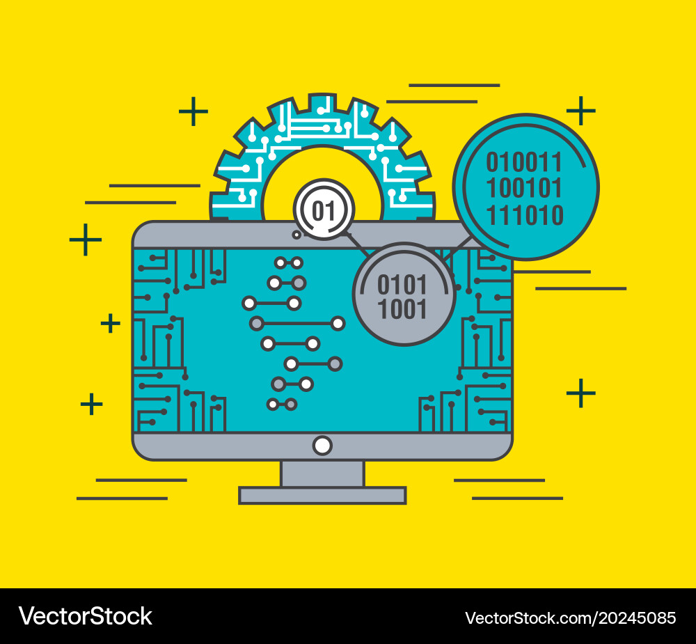 Computer monitor gear code binary technology Vector Image