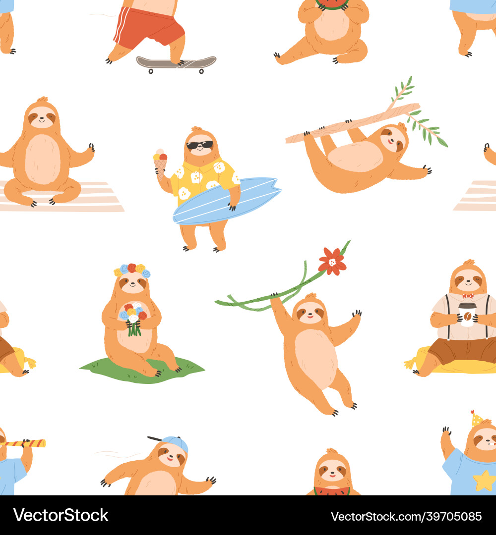Cute sloths pattern seamless background with lazy Cute sloths pattern seamless background with lazy vector image
