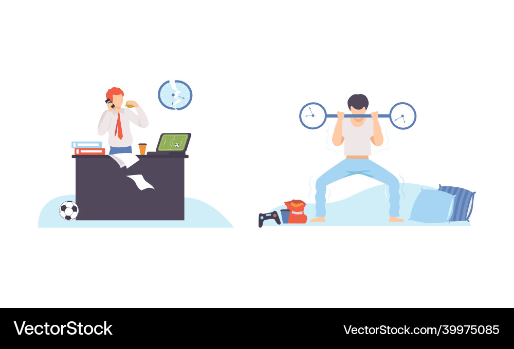 Man with breaking clock dial failing handling Man with breaking clock dial failing handling Vector Image