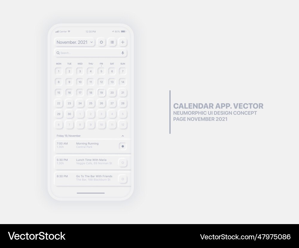 Calendar mobile app page november with task vector image
