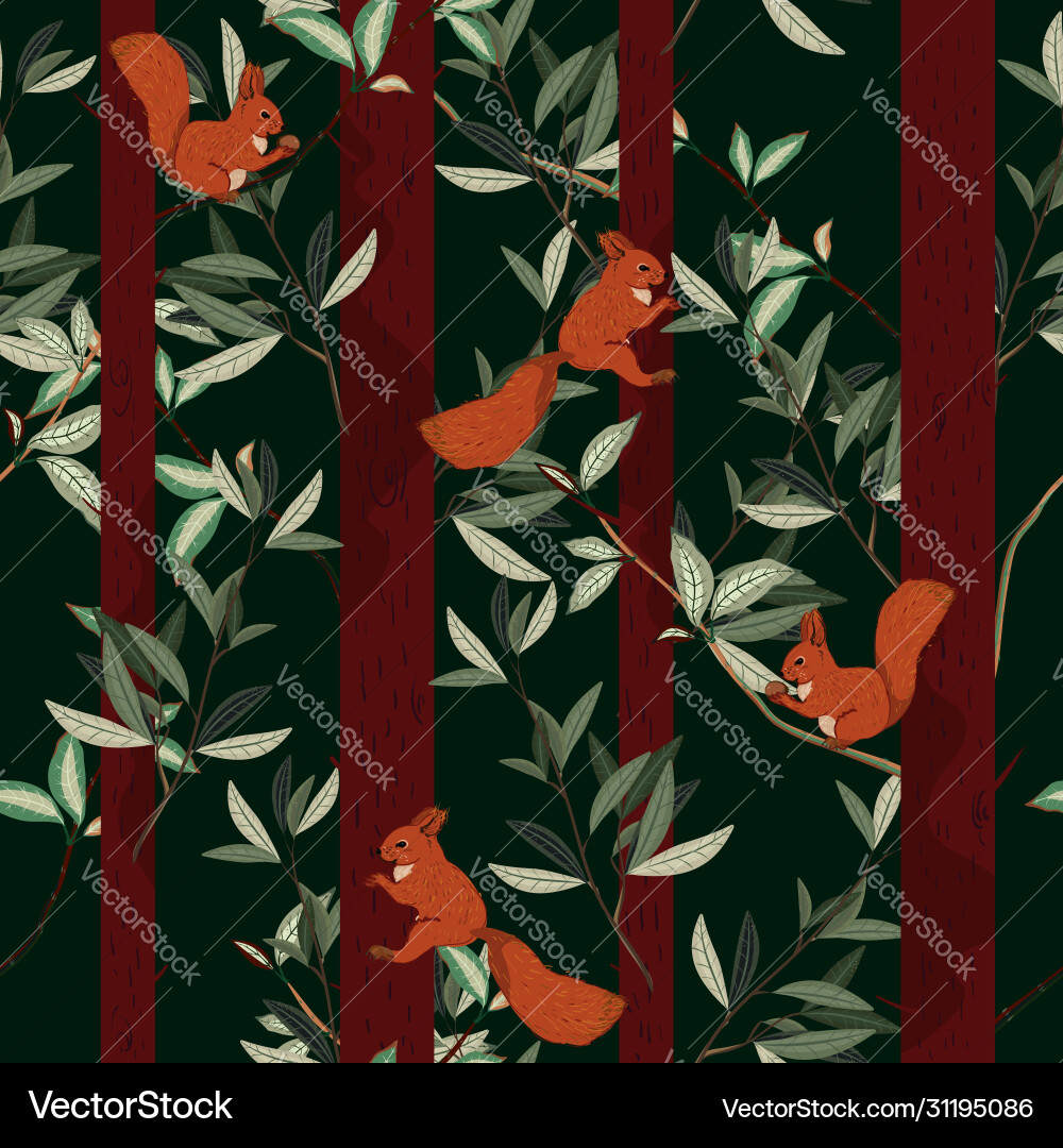 Red squirrels trunks and branches forest trees Vector Image