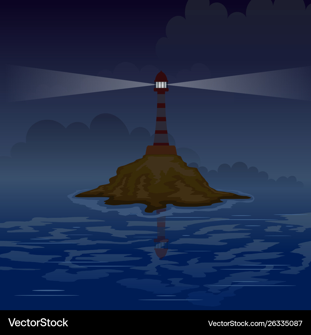 Lighthouse on island at night with rays vector image