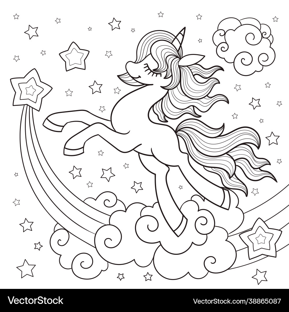 Magic unicorn pony with a star linear black Vector Image