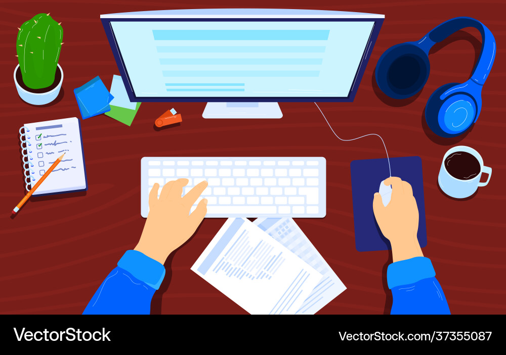 Office modern work computer cactus background Office modern work computer cactus background Vector Image