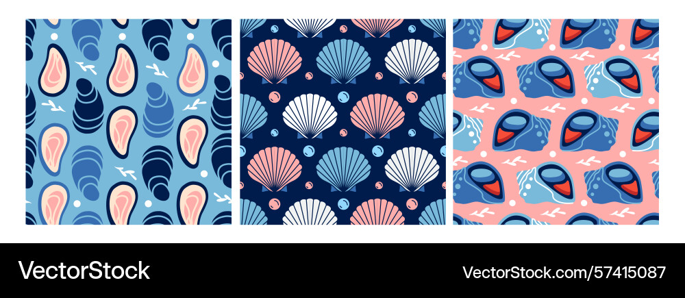Set of flat seafood seamless patterns Vector Image