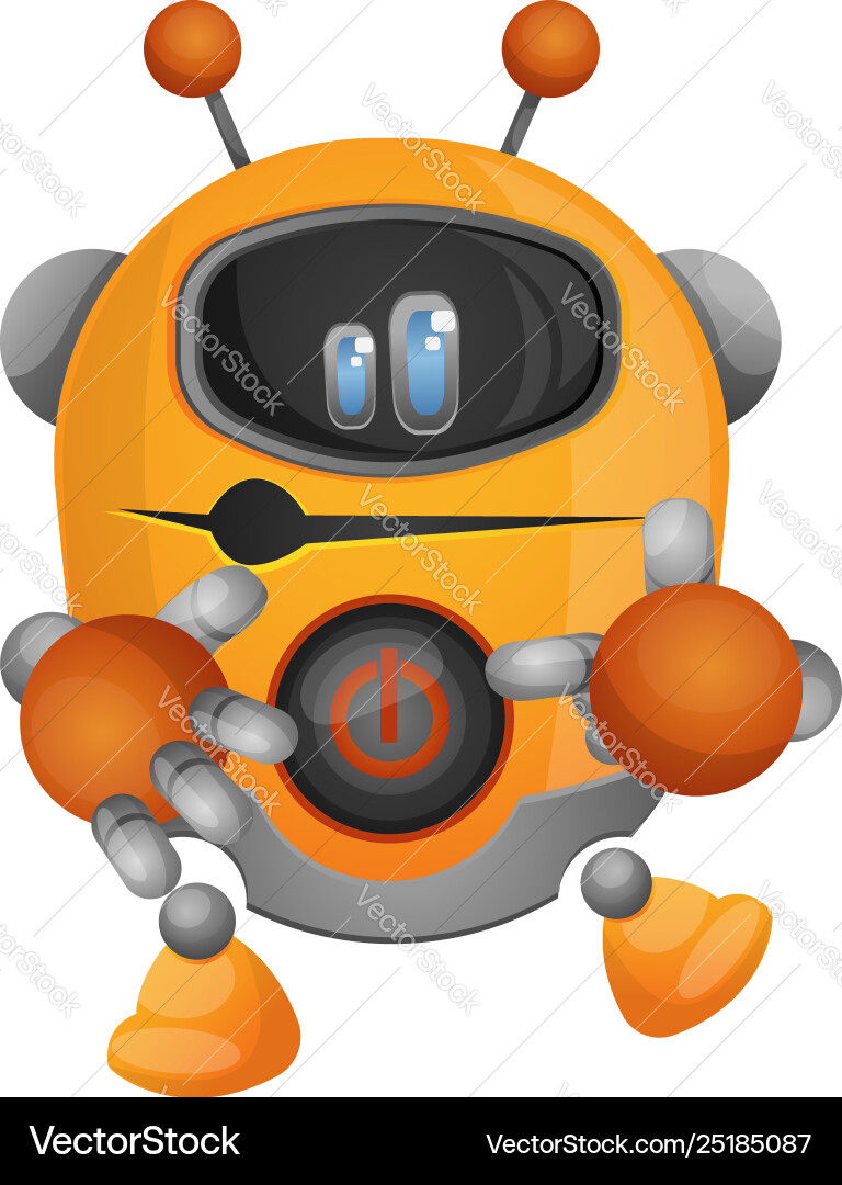 Yellow robot showing his power button on white Vector Image