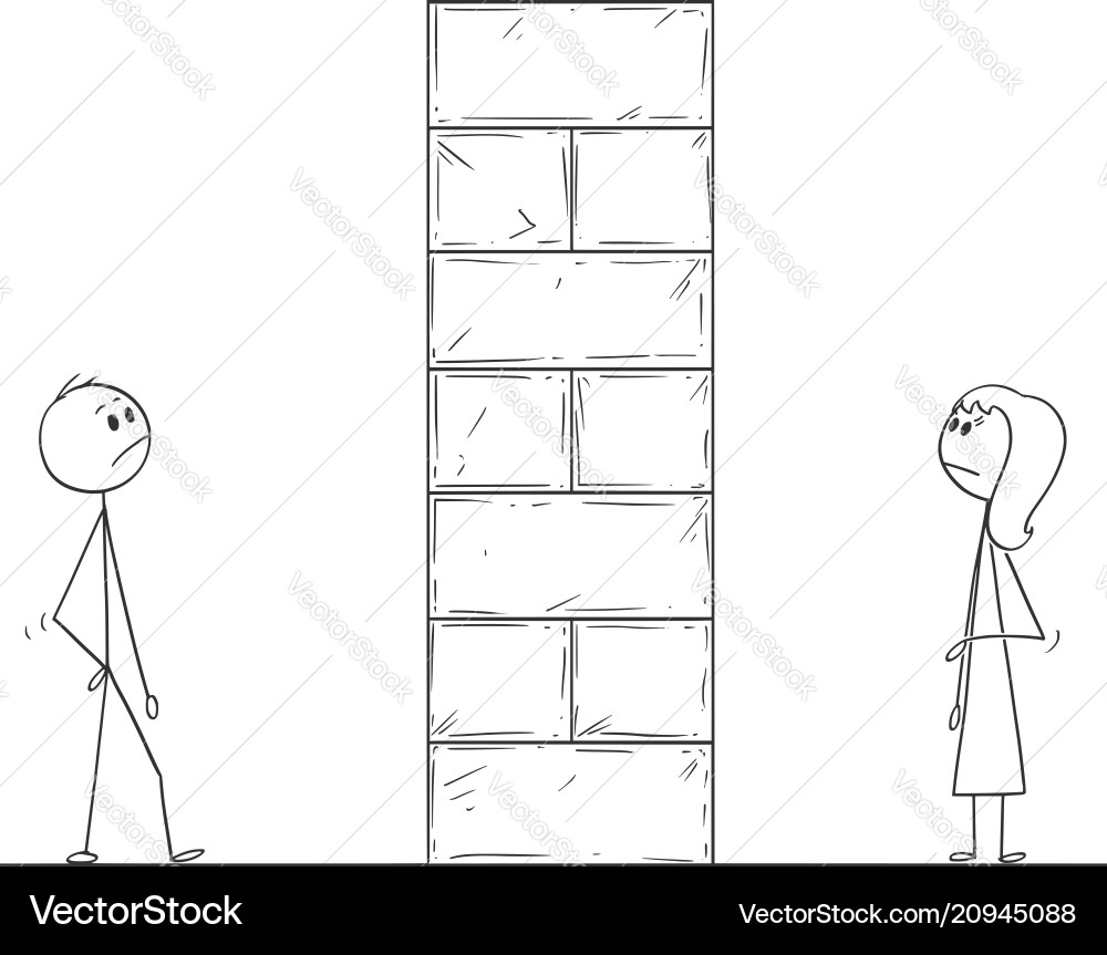 Cartoon of man and woman divided by high wall Cartoon of man and woman divided by high wall vector image