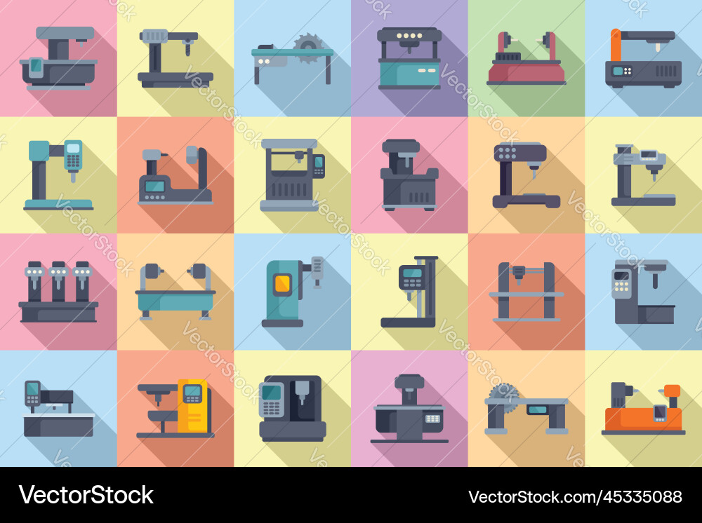 Cnc machine icons set flat mill controller vector image