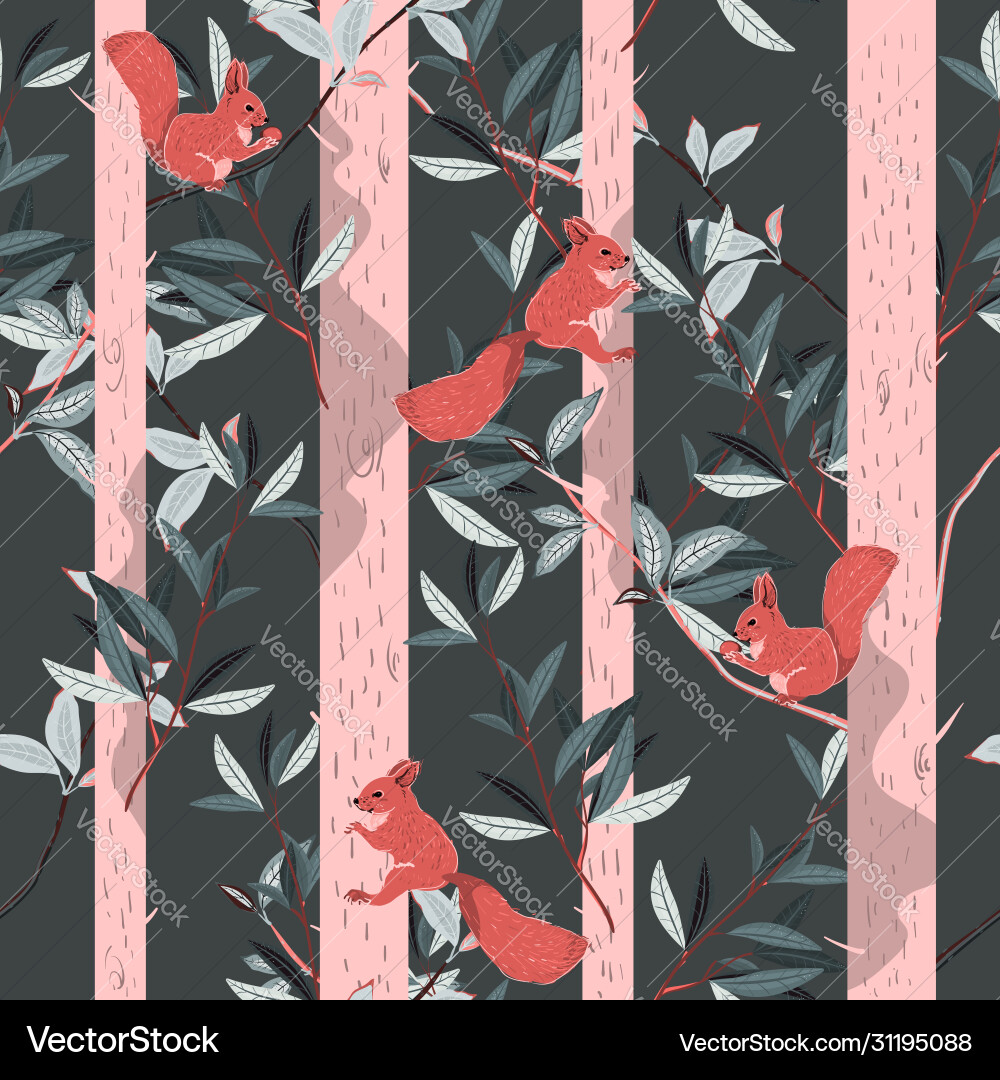 Red squirrels trunks and branches forest trees Red squirrels trunks and branches forest trees vector image
