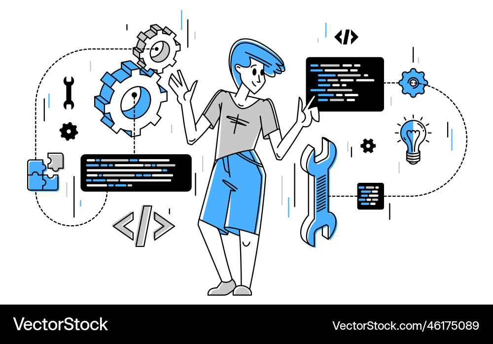 Programmer is coding and repairing some machine Programmer is coding and repairing some machine vector image