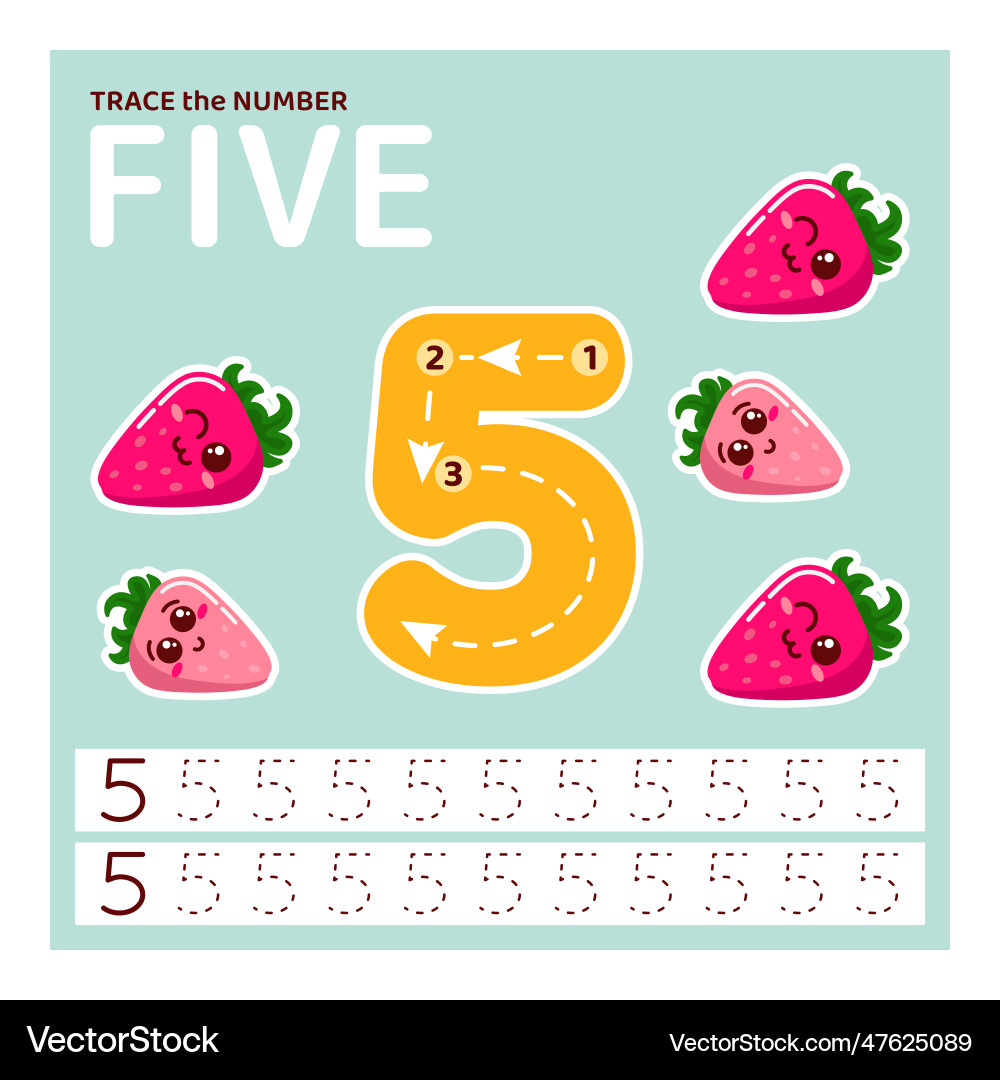 Trace number five learning to count and write Trace number five learning to count and write Vector Image