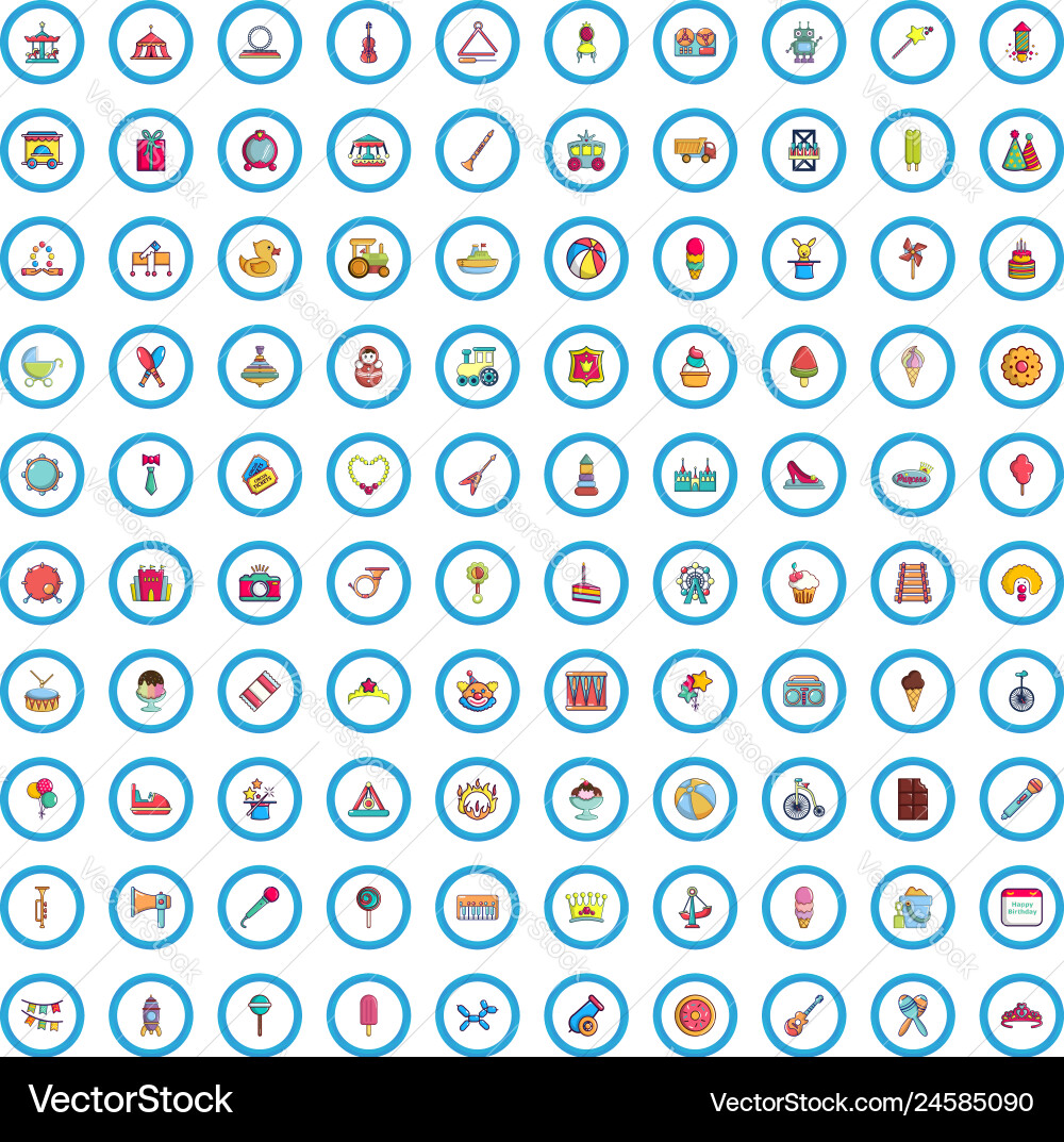 100 Kinder Urlaub Icons Set Cartoon Stil 100 Kinder Urlaub Icons Set Cartoon Stil vektorbild