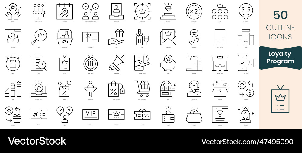 Set of loyalty program icons thin linear style Set of loyalty program icons thin linear style Vector Image