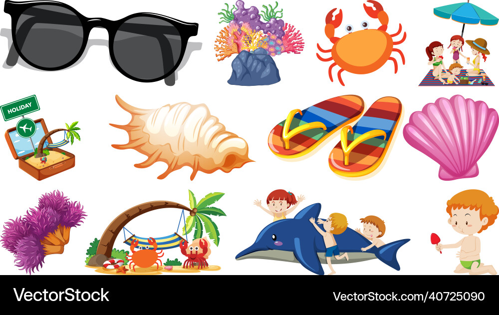 Set of summer beach objects and cartoon characters Vector Image