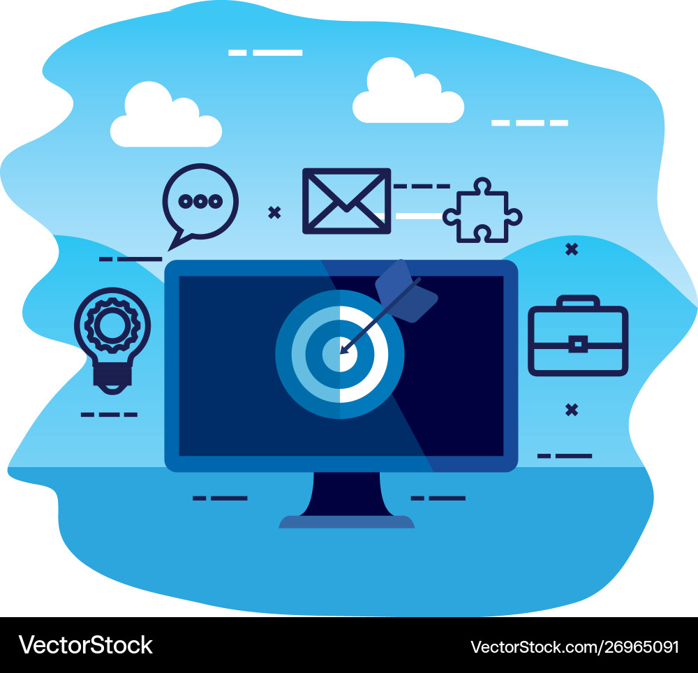 Desktop computer with target and iccons Vector Image