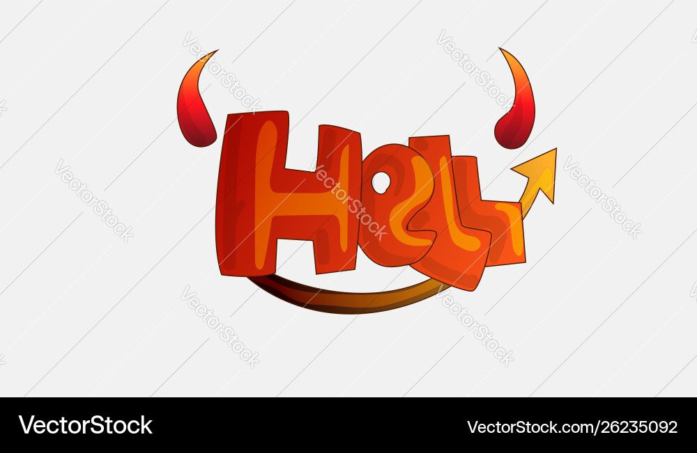 Cartoon word hell with devil horns and tail in red vector image