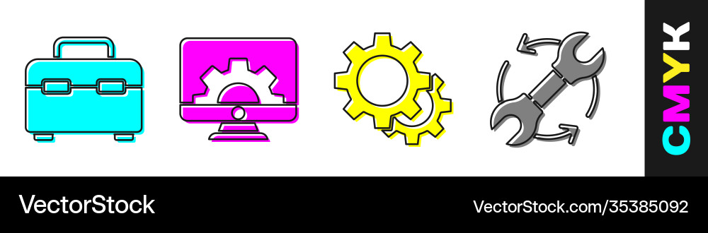 Set toolbox computer monitor and gear Set toolbox computer monitor and gear vector image