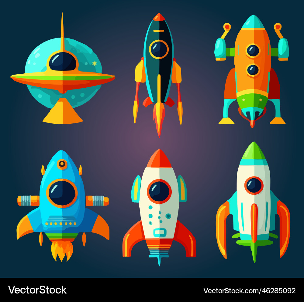 Spaceship icons set in flat style exploration Spaceship icons set in flat style exploration Vector Image