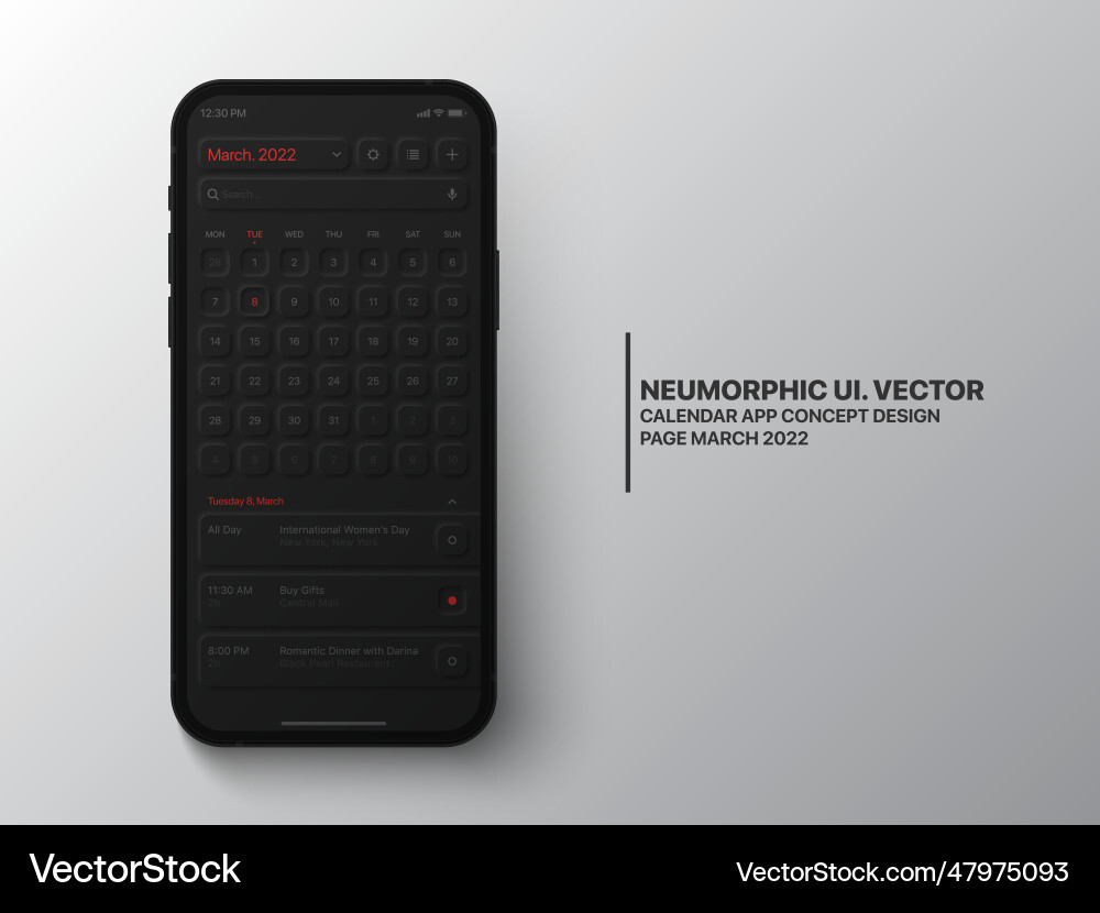 Calendar mobile app page march with task manager vector image