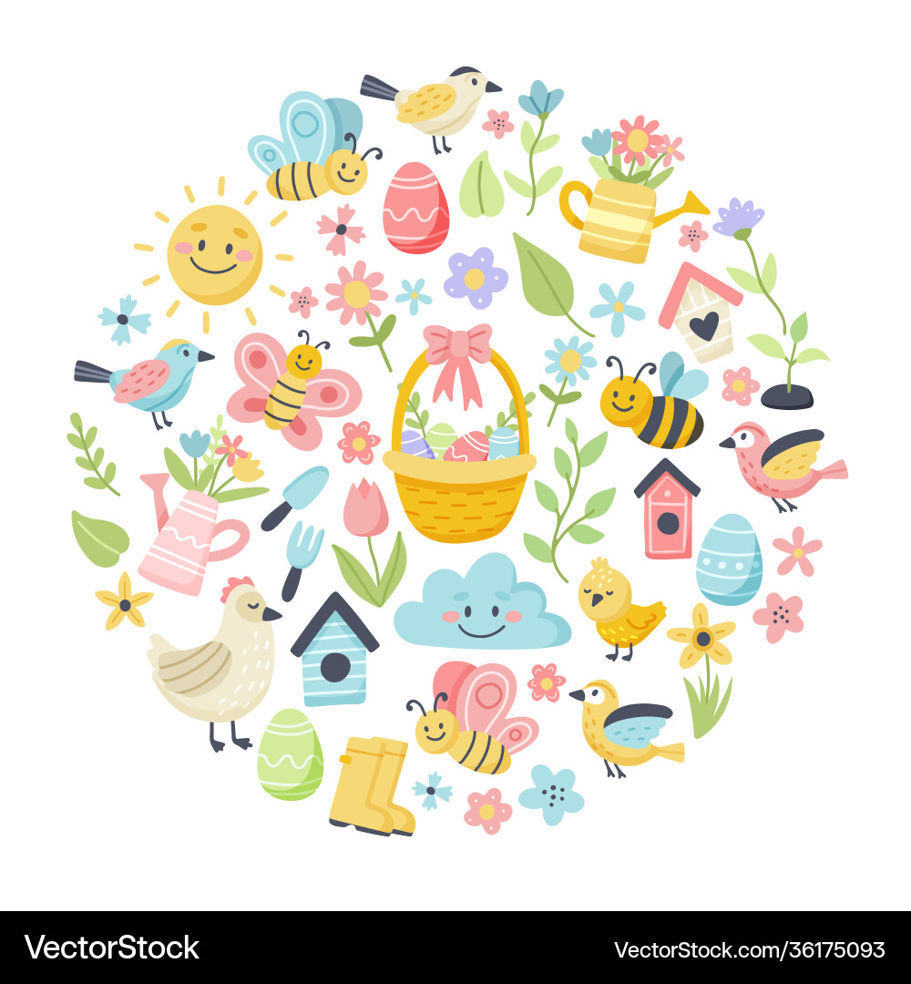 Easter spring set with cute eggs birds bees Easter spring set with cute eggs birds bees Vector Image