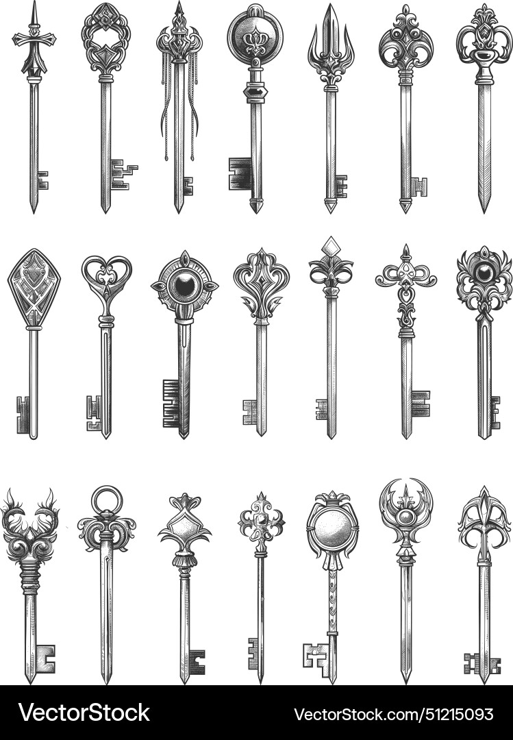Linear sketch keys in fantasy style ething key Linear sketch keys in fantasy style ething key vector image