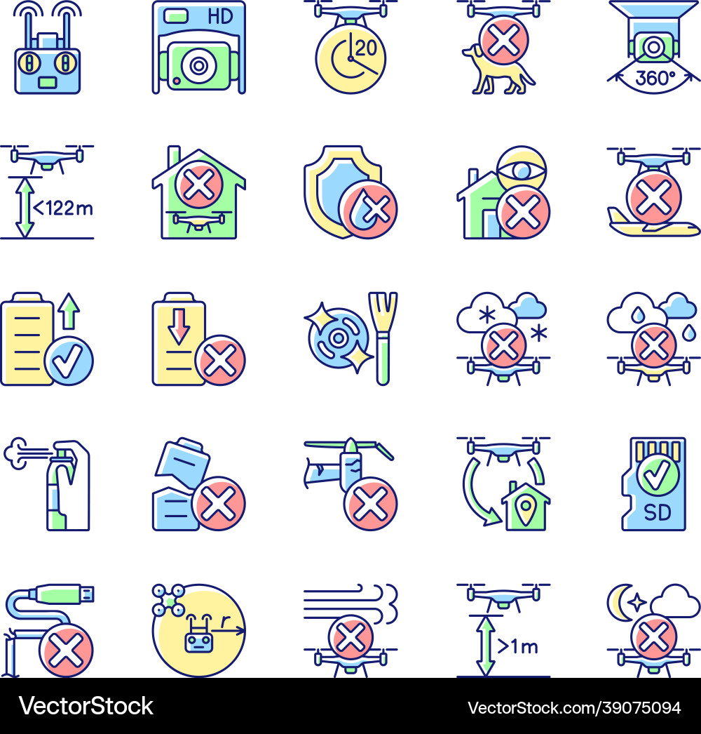 Drone usage rgb color manual label icons set vector image