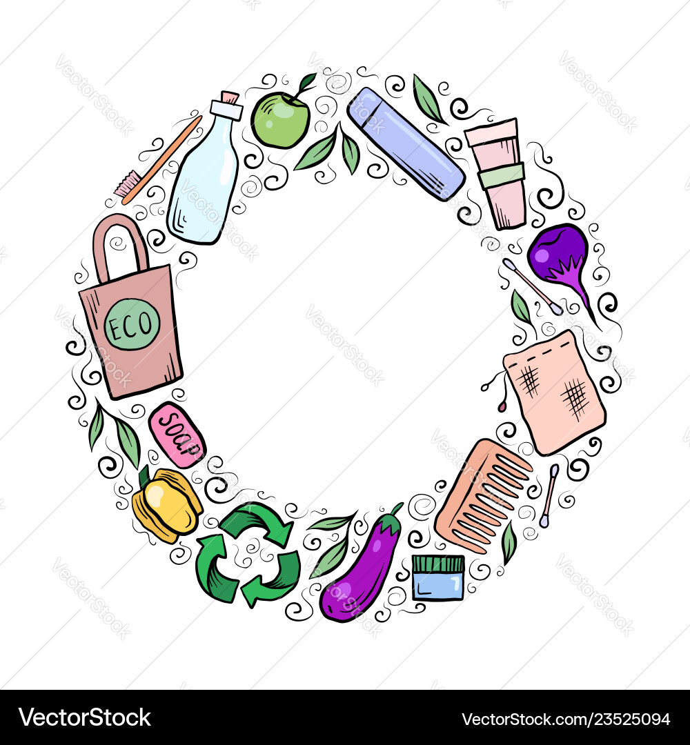 Round frame with hand drawn zero waste objects Round frame with hand drawn zero waste objects vector image