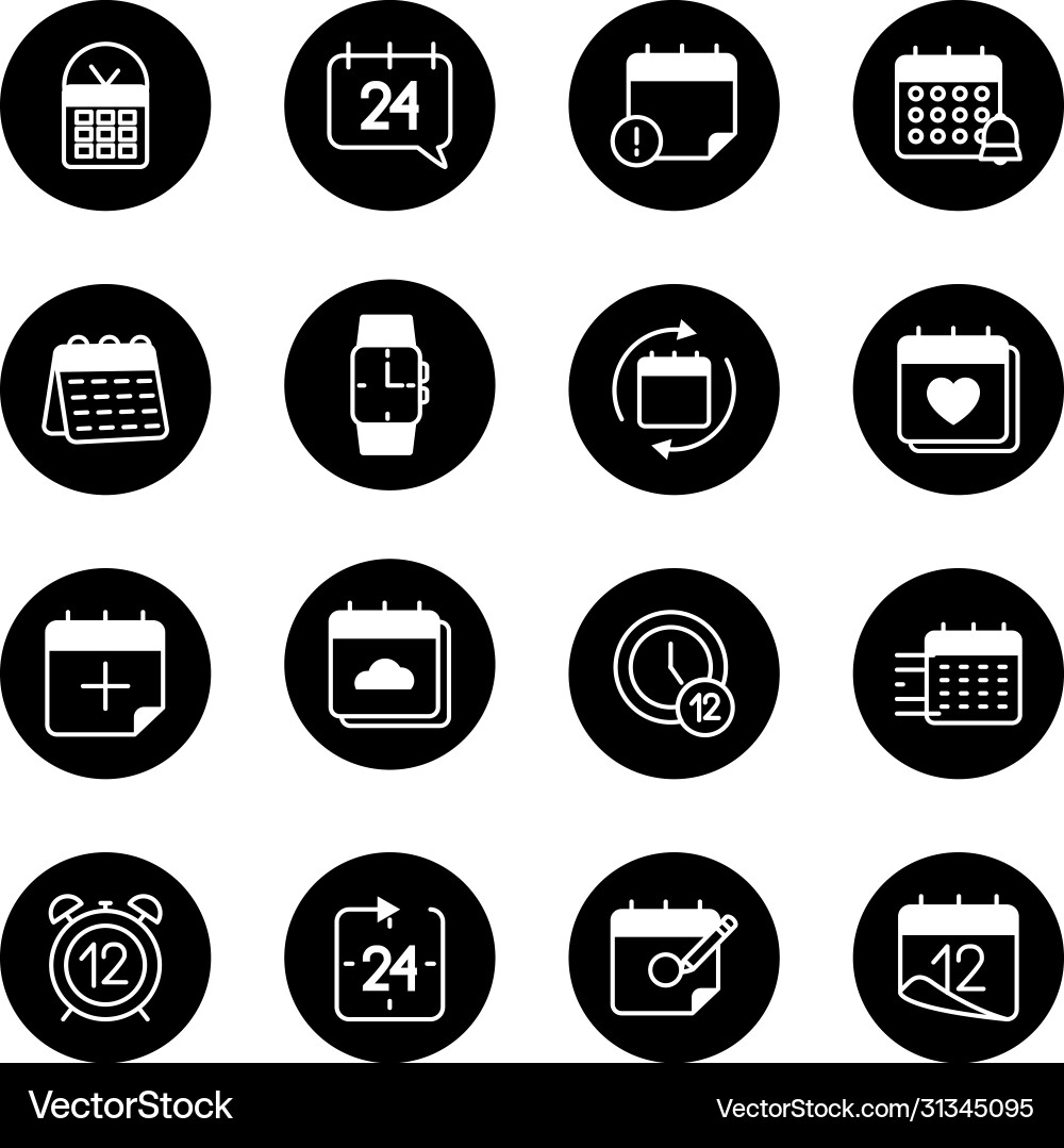 Alarm clocks and time icon set block style vector image