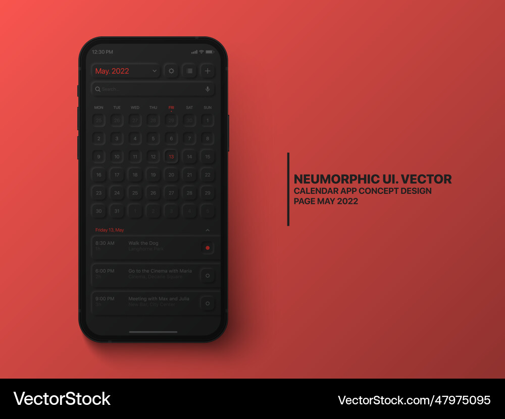 Calendar mobile app may 2022 with task manager ui vector image
