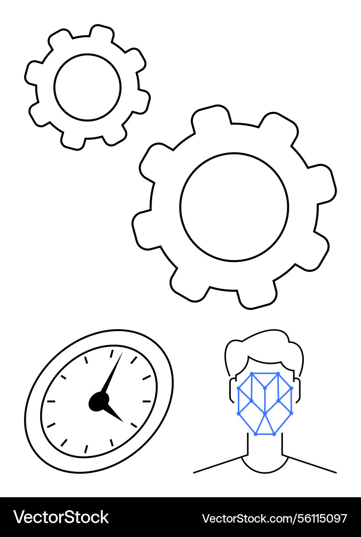Face recognition interconnected gears and clock Face recognition interconnected gears and clock vector image