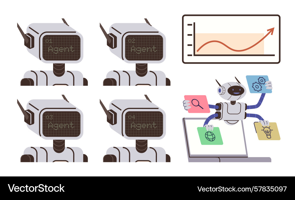 Robots with ai automation performing multitasking Robots with ai automation performing multitasking vector image