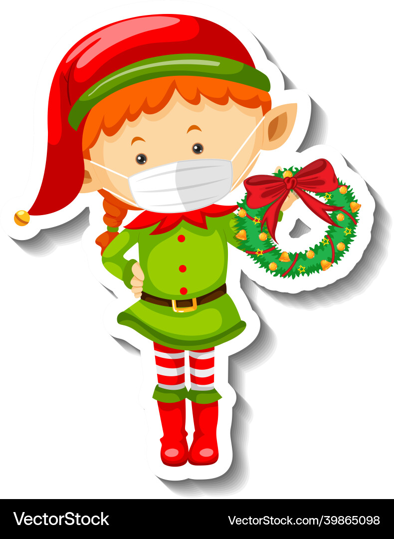 A sticker template with cute elf wearing mask A sticker template with cute elf wearing mask vector image