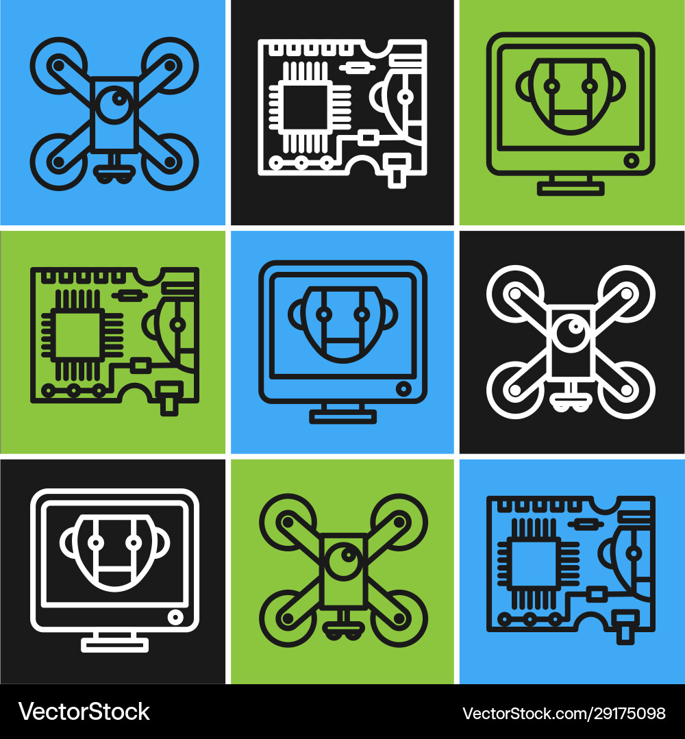 Set line drone flying with action camera bot Set line drone flying with action camera bot vector image