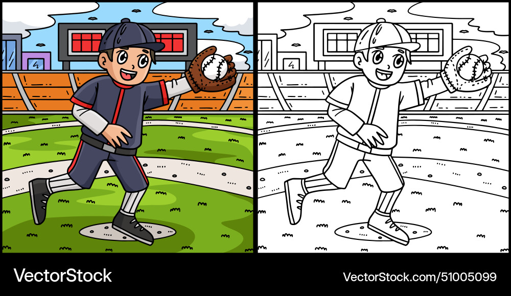Boy catching baseball coloring page Royalty Free Vector