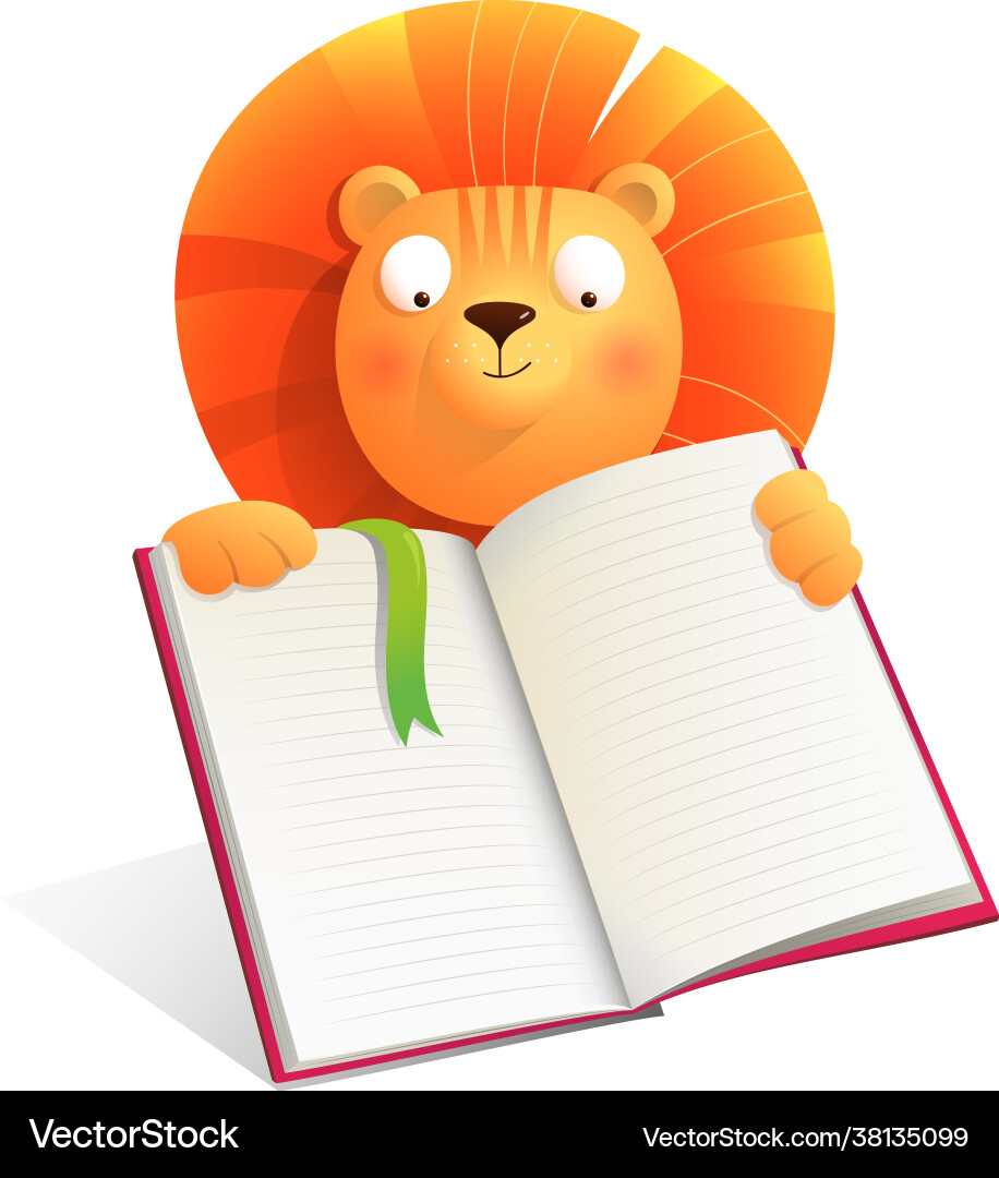 Lion holds empty notebook to read write or draw vector image