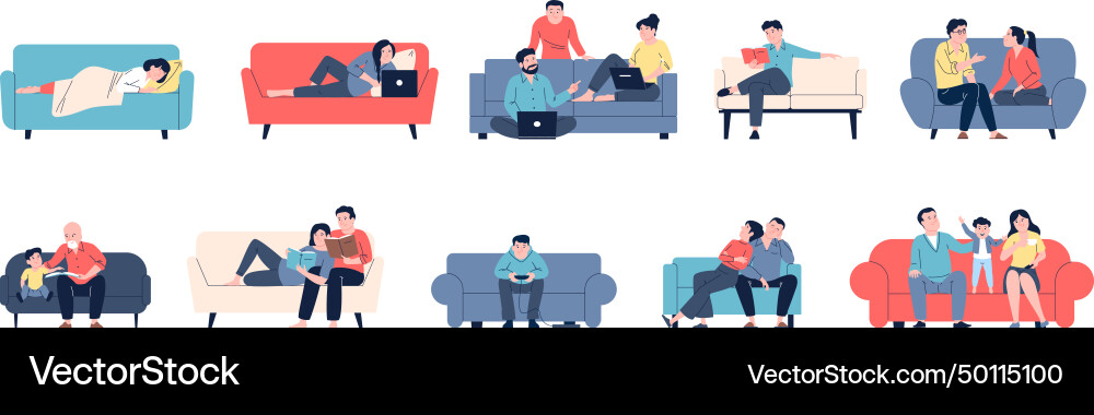 Characters on comfy sofas rest with family Characters on comfy sofas rest with family Vector Image
