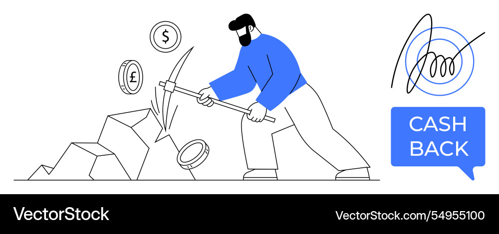 Man with pickaxe mining for coins and earning Man with pickaxe mining for coins and earning vector image